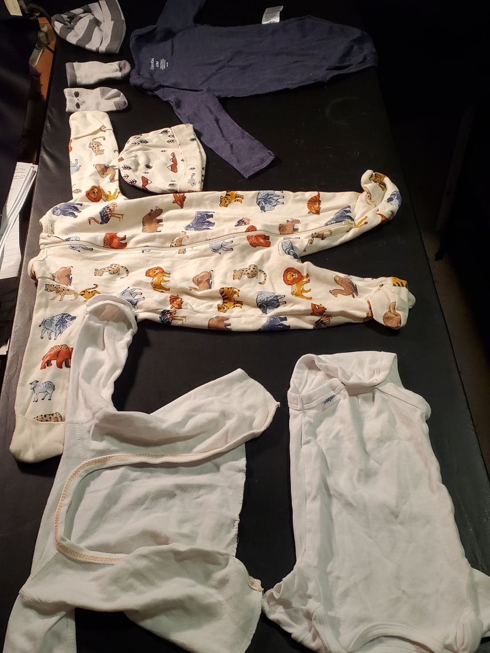 Baby Clothing Bundle Calvin Klein Onesie/Cream Animal Print Footed Pajamas/hats